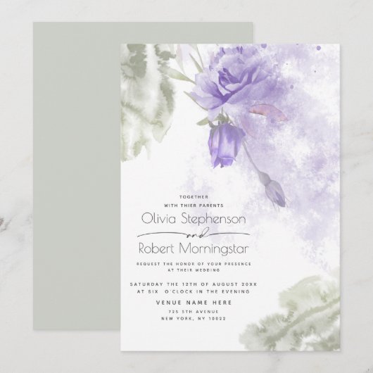 Invitation Mariage | Rustique Lilac Purple Floral (Devant / Derrière)