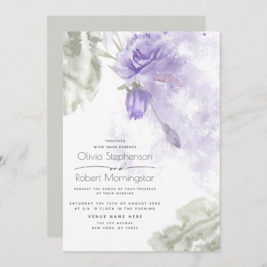 Invitation Mariage | Rustique Lilac Purple Floral (Devant / Derrière)
