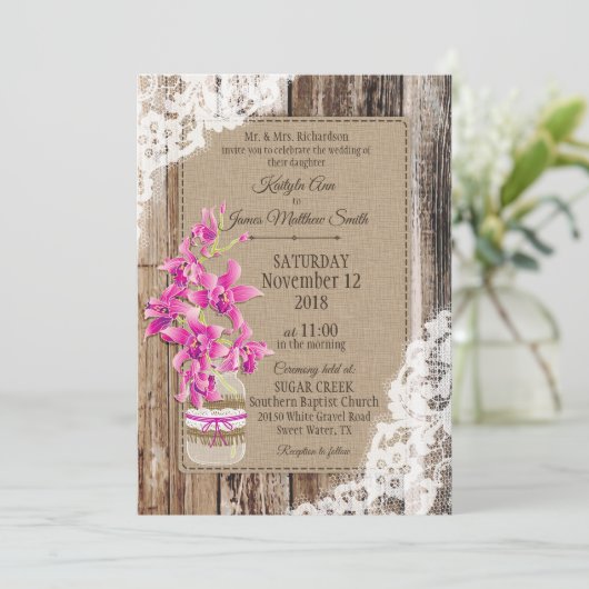 Invitation Mariage rustique Magenta Orchid (Debout devant)