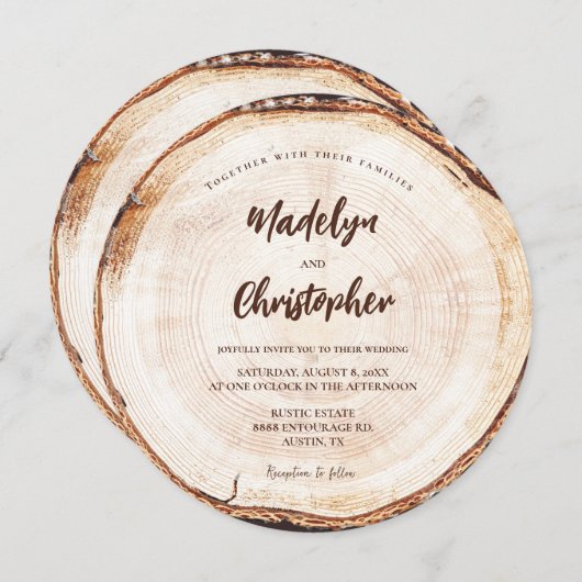 Invitation Mariage rustique main Script coupe bois coupe tran (Devant / Derrière)