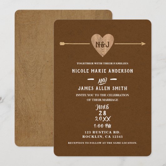 Invitation Mariage rustique marron kraft cœur flèche boisé (Devant / Derrière)