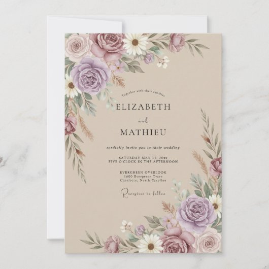 Invitation Mariage Rustique Mauve Pampas (Devant)