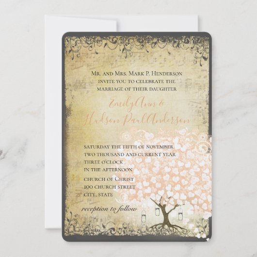 Invitation Mariage Rustique Millennial Pink Heart Leaf Tree (Devant)