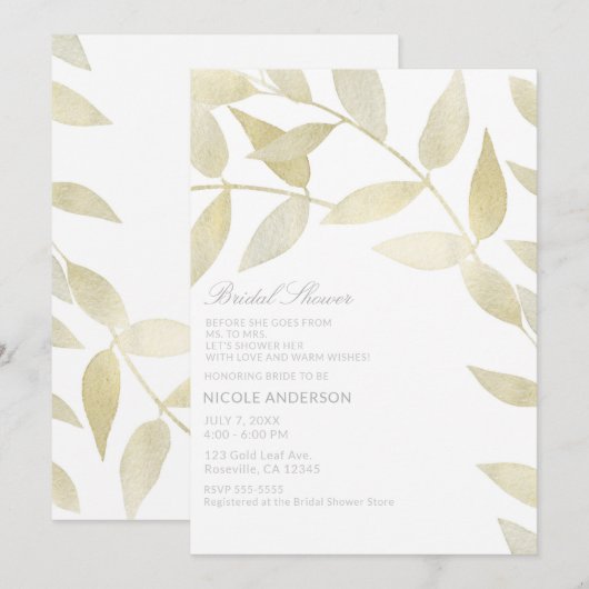 Invitation Mariage Rustique Moderne Doré Feuilles D'or Cérémo (Devant / Derrière)