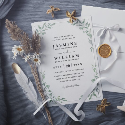 Invitation Mariage rustique moderne élégant avec verdure d'eu