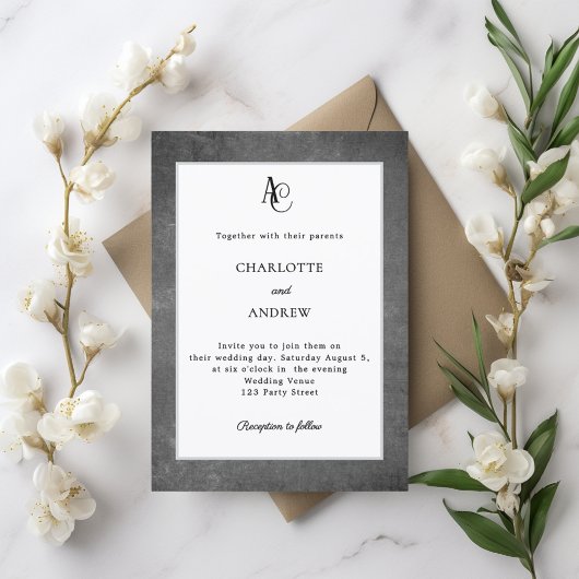 Invitation Mariage rustique monogramme moderne blanc gris