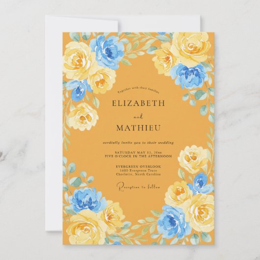 Invitation Mariage Rustique Moutarde Pétales Azur (Devant)