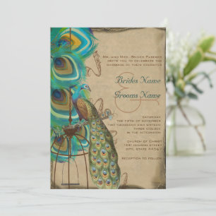 Invitation Mariage rustique musical paon cage à oiseaux plume