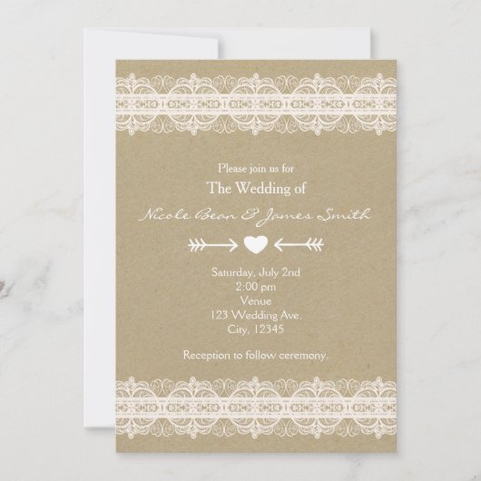 Invitation Mariage rustique naturel en papier brun et dentell (Devant)