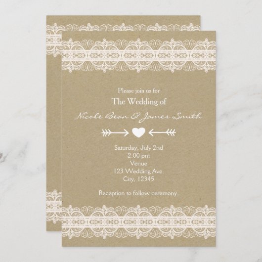 Invitation Mariage rustique naturel en papier brun et dentell (Devant / Derrière)