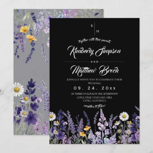 Invitation Mariage rustique noir de fleurs sauvages moderne e (Devant / Derrière)
