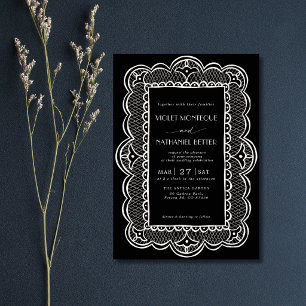 Invitation Mariage rustique Old Money en dentelle noir et bla