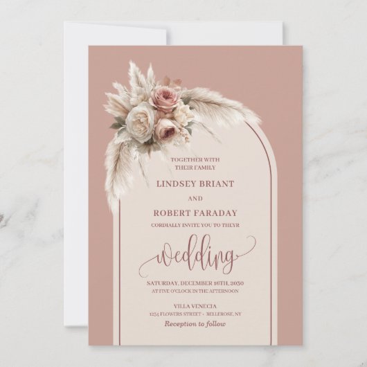 Invitation Mariage Rustique Pampas Rose Dusty invite (Devant)