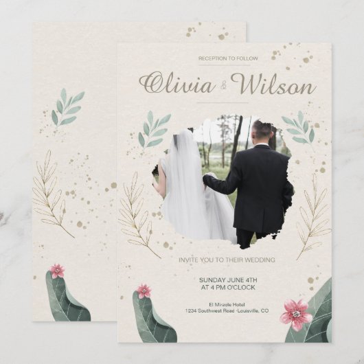 Invitation Mariage Rustique Photo Florale Moderne (Devant / Derrière)