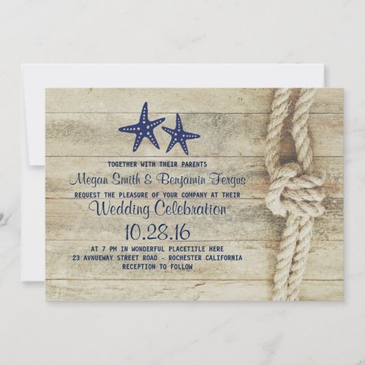Invitation Mariage Rustique Plage Bois Flotté Corde Marine Bl (Devant)