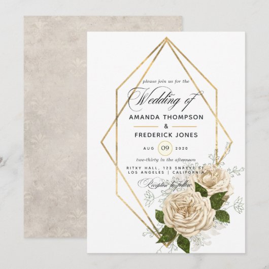 Invitation Mariage rustique polygonal floral ivoire (Devant / Derrière)