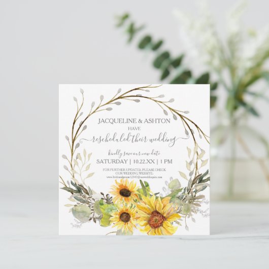 Invitation Mariage rustique reprogrammé Script tournesol flor (Debout devant)