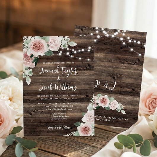 Invitation Mariage Rustique rose Eucalyptus Bois
