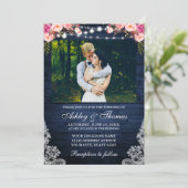 Invitation Mariage Rustique rose Floral Bleu Bois Lumières Ph (Debout devant)