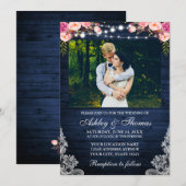 Invitation Mariage Rustique rose Floral Bleu Bois Lumières Ph (Devant / Derrière)