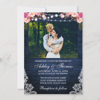 Invitation Mariage Rustique rose Floral Bleu Bois Lumières Ph