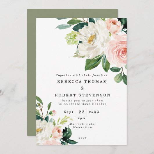Invitation mariage rustique rose floral et de verdure de boho (Devant / Derrière)