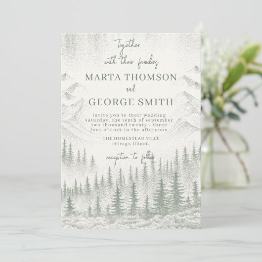 Invitation Mariage rustique Sage Green Mountain (Debout devant)
