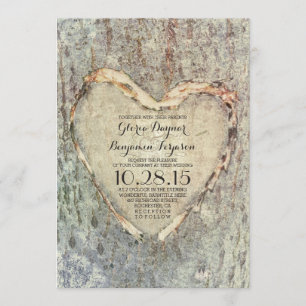 Invitation mariage rustique sculpté coeur arbre vintage