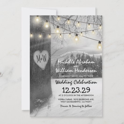 Invitation Mariage rustique Silver Winter Tree Twinkles lumiè (Devant)