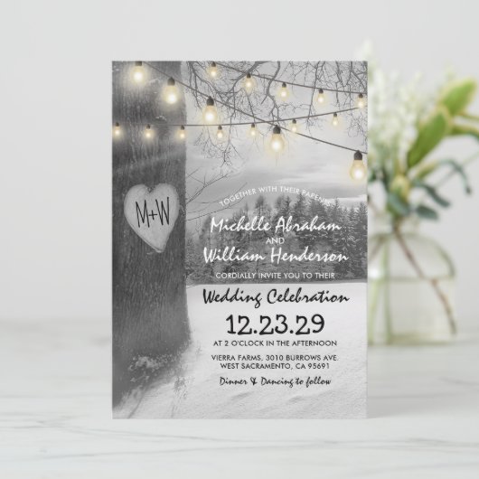 Invitation Mariage rustique Silver Winter Tree Twinkles lumiè (Debout devant)