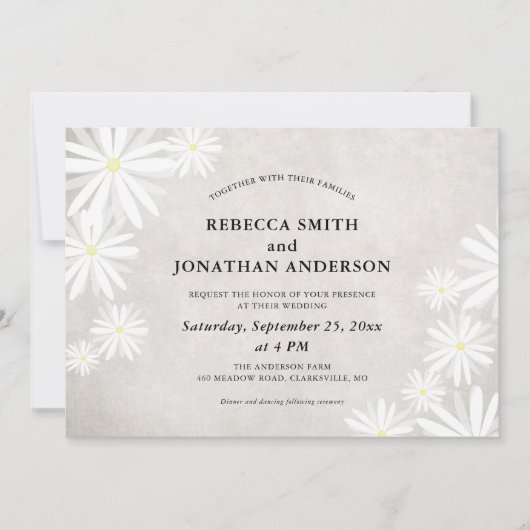 Invitation Mariage rustique simple avec marguerites blanches (Devant)