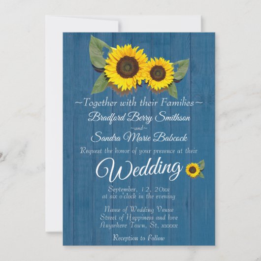Invitation Mariage rustique Sunflower Bleu Bois (Devant)