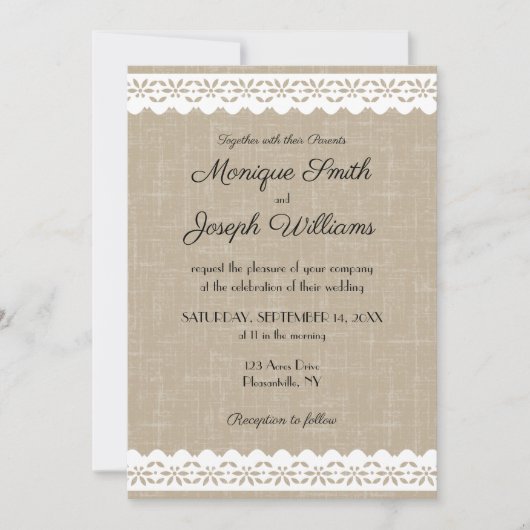 Invitation Mariage Rustique Toile de Jute et Dentelle Blanche (Devant)