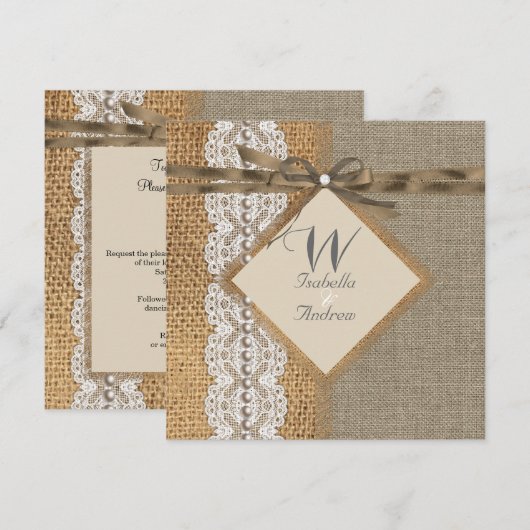 Invitation Mariage Rustique Toile de Jute Lace Perle (Devant / Derrière)
