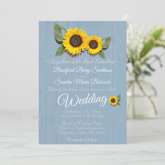 Invitation Mariage rustique tournesol Dusty Mariage en bois b (Debout devant)