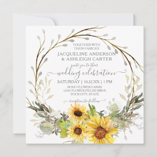 Invitation Mariage rustique Tournesol Eucalyptus Aquarelle (Devant)