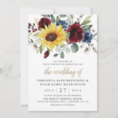 Invitation Mariage rustique Tournesol Roses de Bourgogne Bleu (Devant)