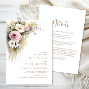 Invitation Mariage rustique tout-en-un avec fleurs roses et b