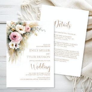Invitation Mariage rustique tout-en-un avec fleurs roses et b