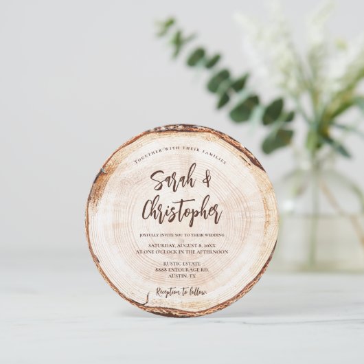 Invitation Mariage rustique unique Script Wood Cut Grain (Debout devant)