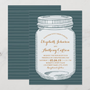 Invitation Mariage rustique Vintage Bleu Pays Mason Jar