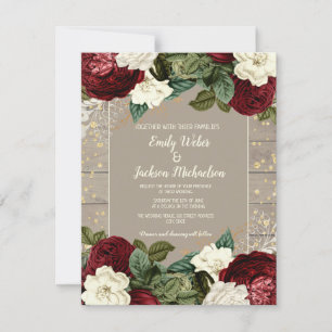 Invitation Mariage Rustique Vintage Bourgogne Ivoire Floral