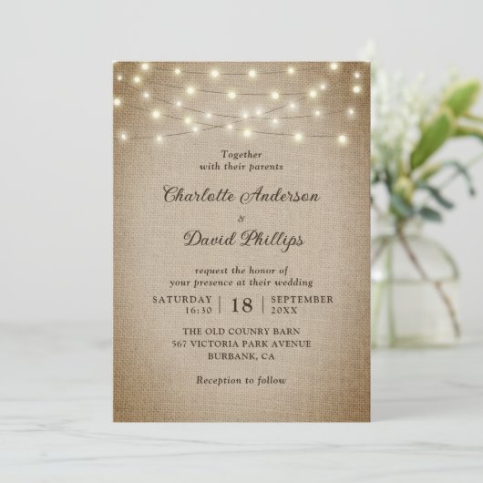 Invitation Mariage Rustique Vintage Burlap (Debout devant)