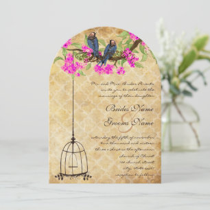 Invitation Mariage Rustique Vintage Fuchsia Oiseaux en Cage