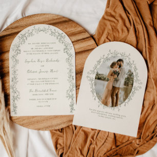 Invitation Mariage Rustique Vintage Sage Art Linéaire Arch