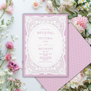 Invitation Mariage rustique violet en dentelle blanche vintag