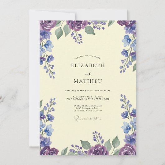 Invitation Mariage Rustique Violet Feuille de Pervenche (Devant)
