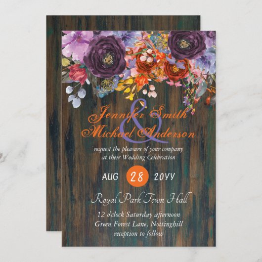 Invitation Mariage Rustique violet orange rose ros (Devant / Derrière)