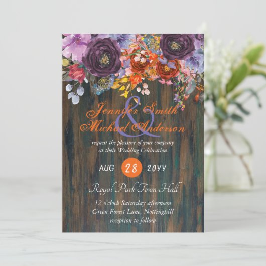 Invitation Mariage Rustique violet orange rose ros (Debout devant)