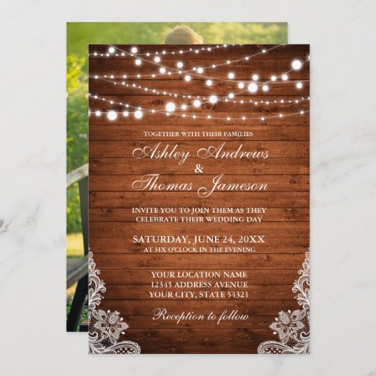 Invitation Mariage rustique voyants à cordes de bois dentelle (Devant / Derrière)